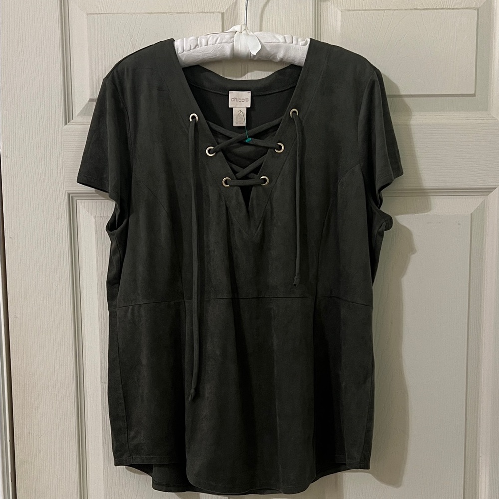 Chico's Olive green Lace-Up Short Sleeve Top size 2